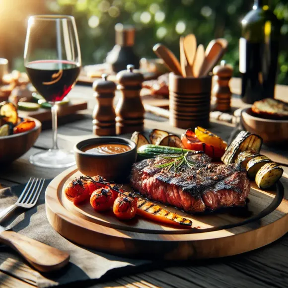 Cena de bistec a la parrilla con verduras, salsa y vino en una mesa rústica.
