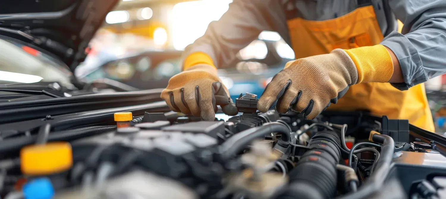 Mecánico con manos enguantadas trabajando en el motor de un coche.