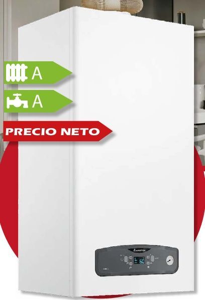 Caldera de gas de color blanco, con clasificación energética A, etiquetas verdes y cartel