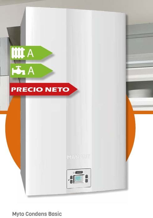 Caldera de gas mural blanca con etiquetas de eficiencia energética ecológica (A). Etiqueta de precio