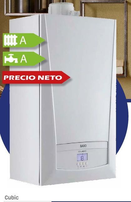 Caldera de gas de color blanco con clasificación energética “A” para calefacción y agua caliente, etiqueta “PRECIO NETO”.