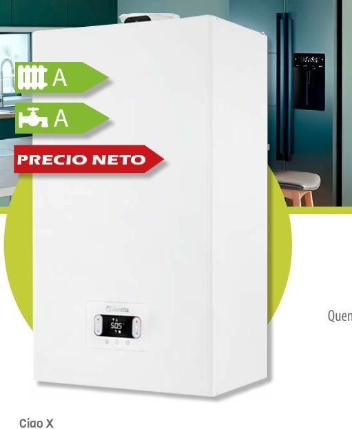 Caldera mural de color blanco con etiquetas de eficiencia energética (A) y etiqueta “PRECIO NETO”.