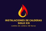 Logotipo de "Instalaciones de Calderas Siglo XXI". Una llama roja y amarilla sobre fondo azul marino.
