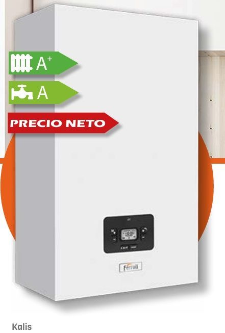 Caldera mural de color blanco, con clasificación energética A, con texto indicativo “PRECIO NETO”.