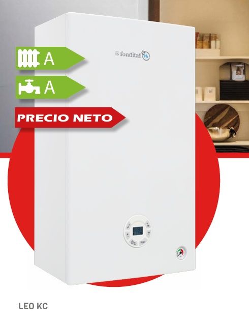 Caldera mural de color blanco con clasificación energética “A”, banderola “PRECIO NETO” y fondo rojo y blanco.