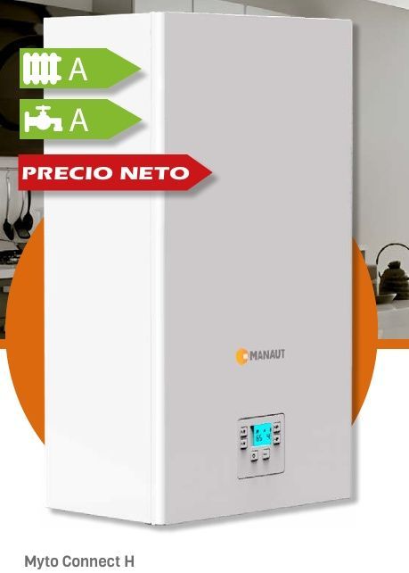 Caldera de gas de color blanco con clasificación de eficiencia energética A, etiqueta “PRECIO NETO”, logotipo de la marca y pantalla digital.