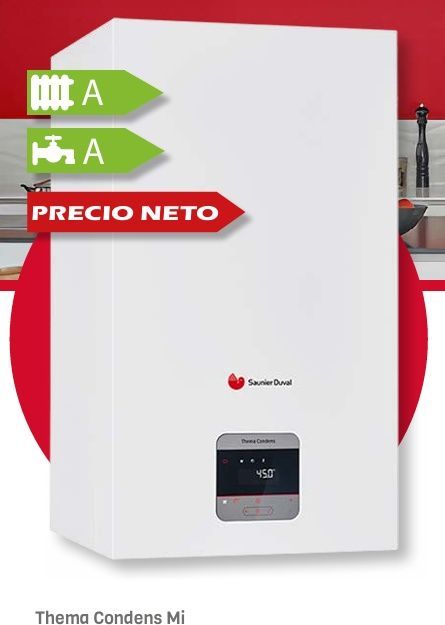 Caldera mural blanca con clasificación energética A, etiquetada como