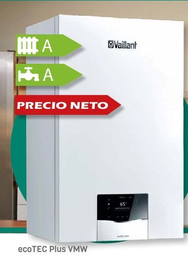 Caldera Vaillant ecoTEC Plus VMW de color blanco con etiqueta energética verde A y etiqueta roja