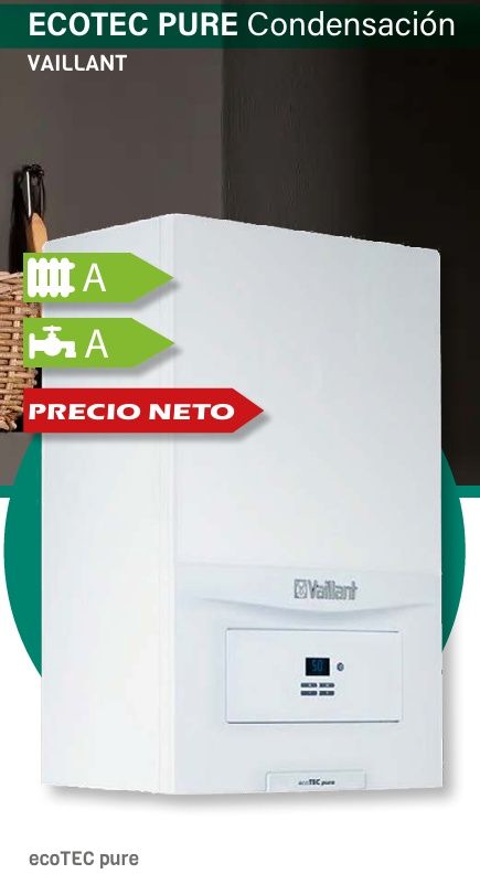 Caldera de condensación Vaillant Ecotec Pure de color blanco con clasificación energética y etiqueta “Precio Neto”.