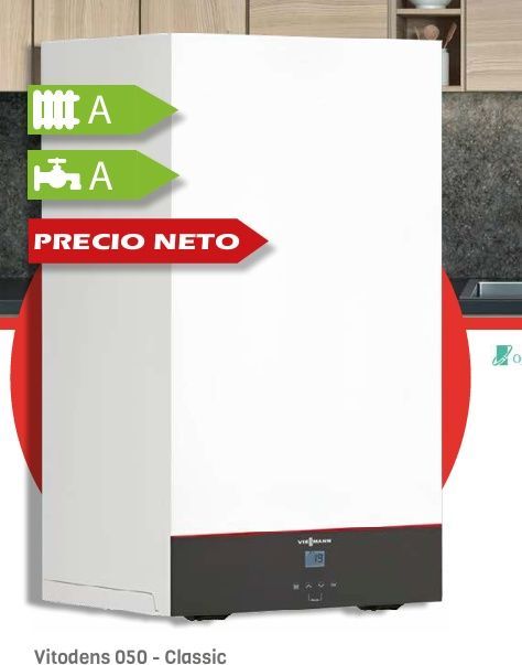 Caldera Viessmann Vitodens 050-Classic blanca con etiquetas de eficiencia energética. Texto superpuesto