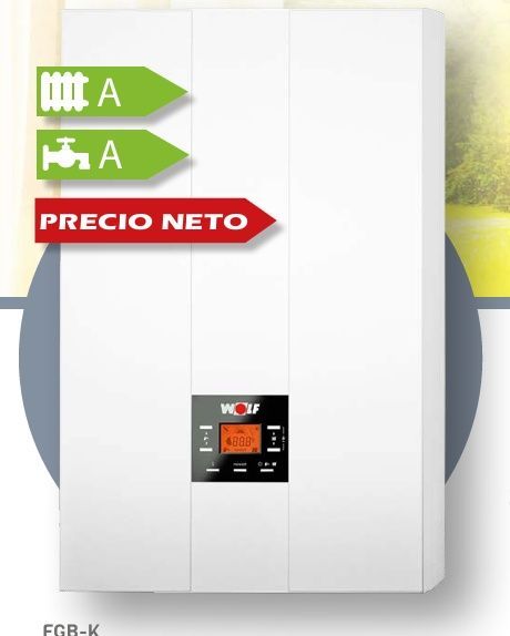 Caldera de gas White Wolf FGB-K con etiquetas de calificación energética verde y etiqueta