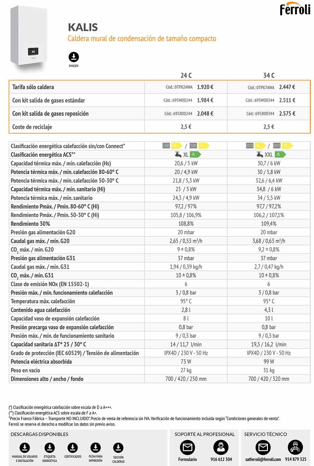 Tabla de especificaciones del sistema de calefacción Ferroli Kalis, con datos técnicos de dos modelos.