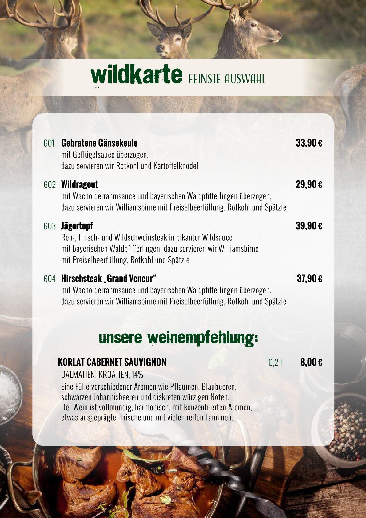 Speisekarte für Wildgerichte, inklusive Gerichtsnamen, Preisen und Weinempfehlung.