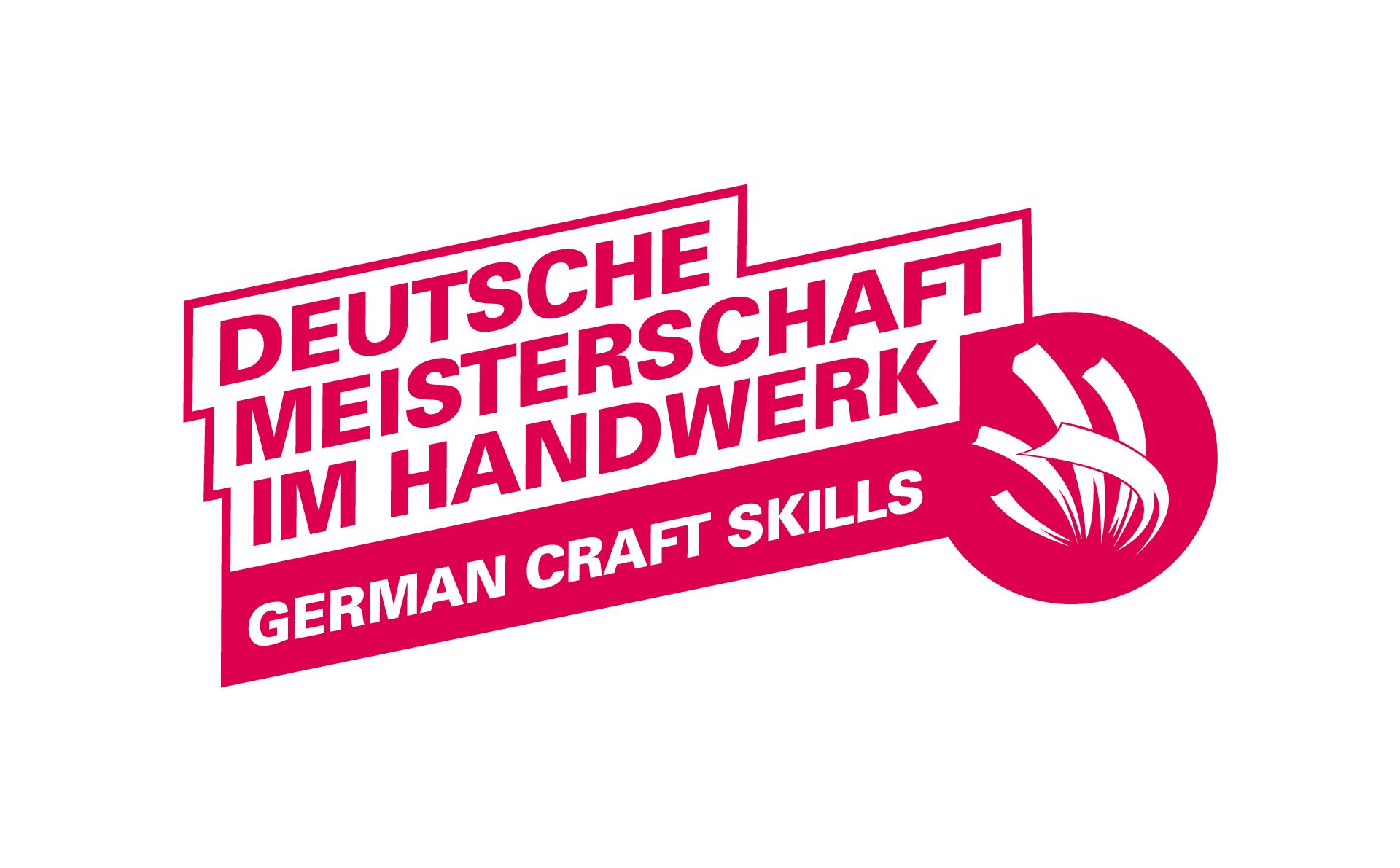 Logo für Deutsche Handwerkskunst: Roter Text „Deutsche Meisterschaft im Handwerk“ und eine Hand mit 