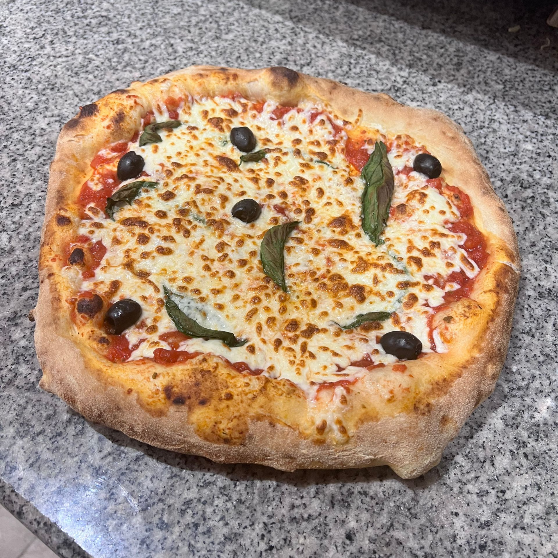 Une petite pizza au fromage et aux olives, garnie de feuilles de basilic, sur une surface en pierre grise.