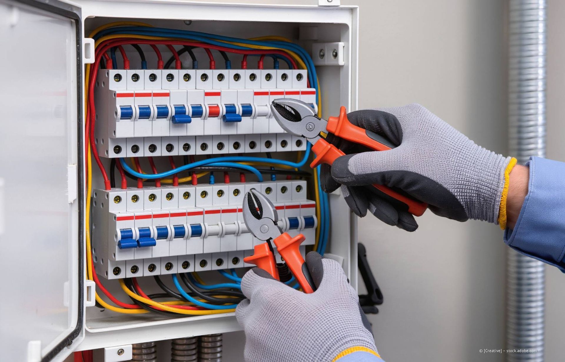 Elektriker arbeitet mit einem Seitenschneider an einem Sicherungskasten.