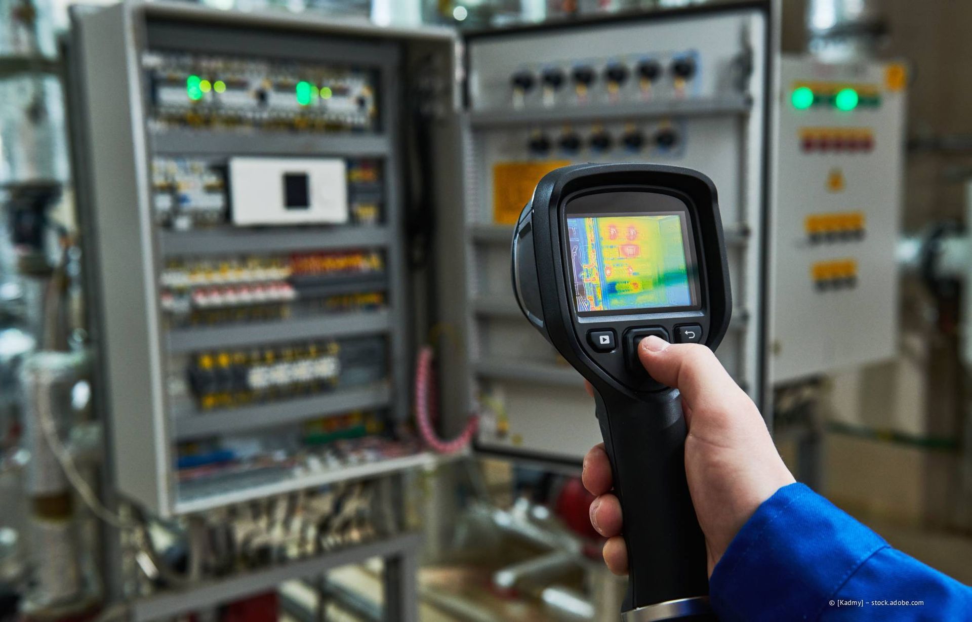 Eine Hand hält eine Wärmebildkamera, die auf einen Schaltschrank gerichtet ist. Auf dem Bildschirm sind Wärmemuster zu sehen.
