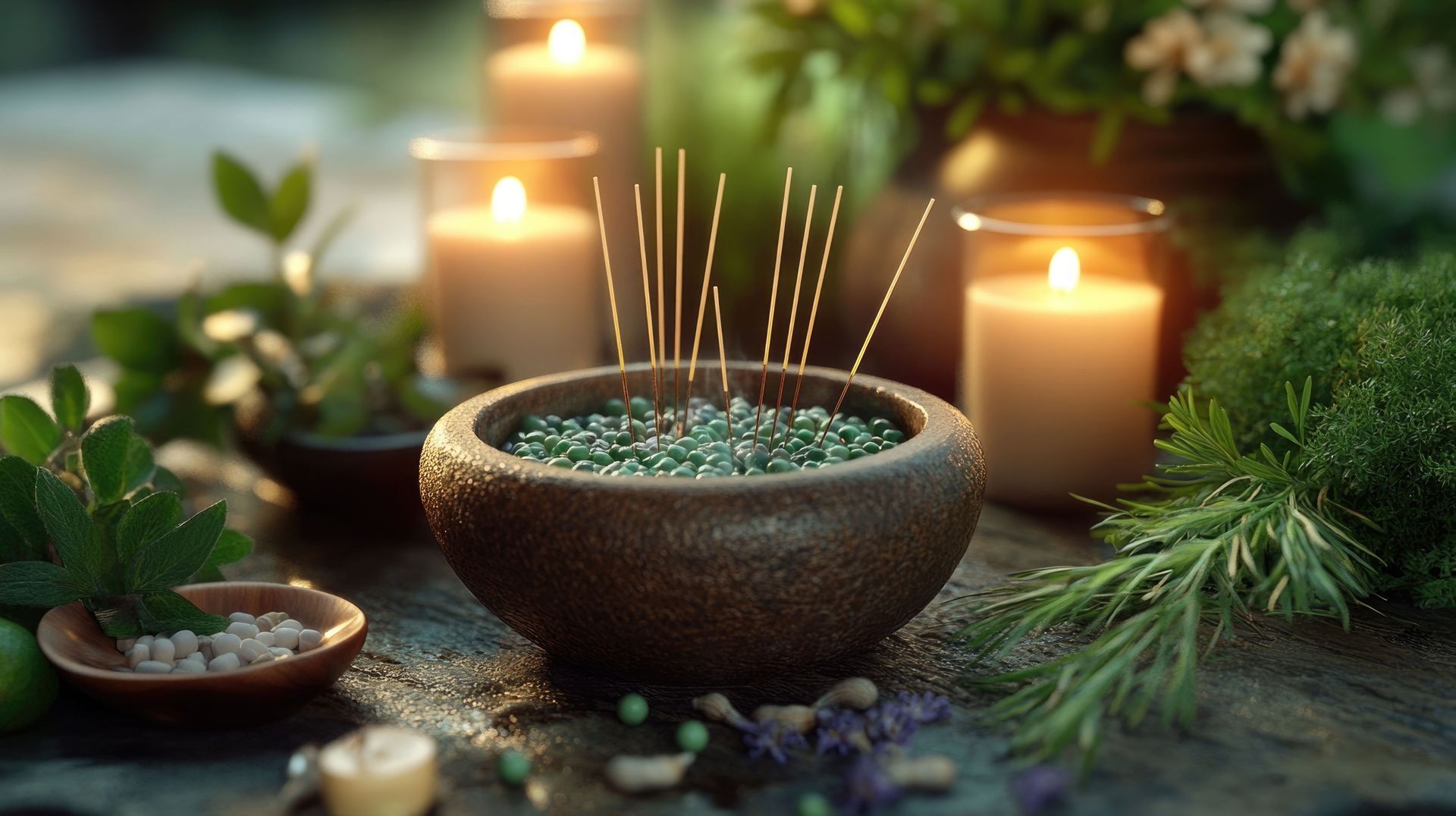 Una ciotola di bastoncini di incenso e candele su un tavolo.