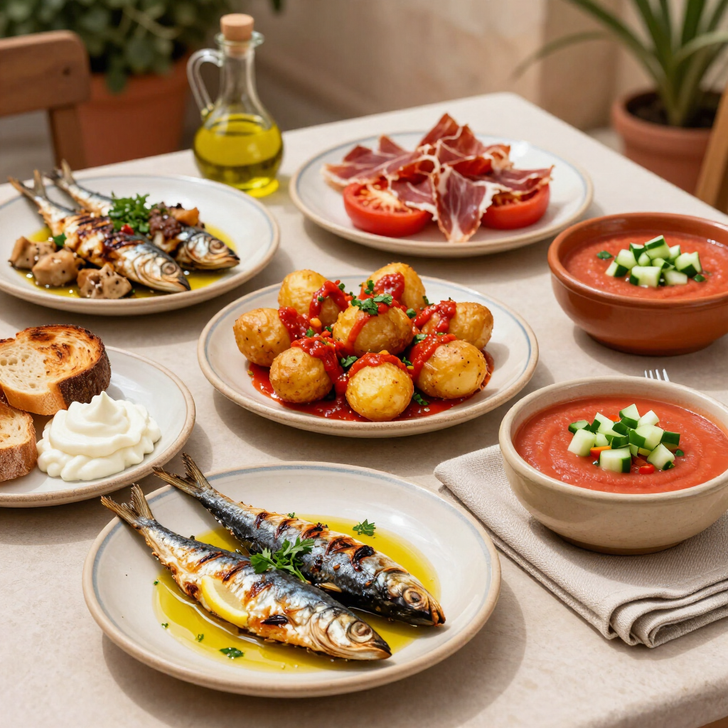Una selección de tapas mediterráneas sobre una mesa, con pescado a la parrilla, patatas, tomates, aceitunas, pan y salsas para mojar