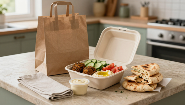 Almuerzo para llevar en una bolsa de papel, con un recipiente abierto de ensalada y panes planos sobre la encimera de la cocina