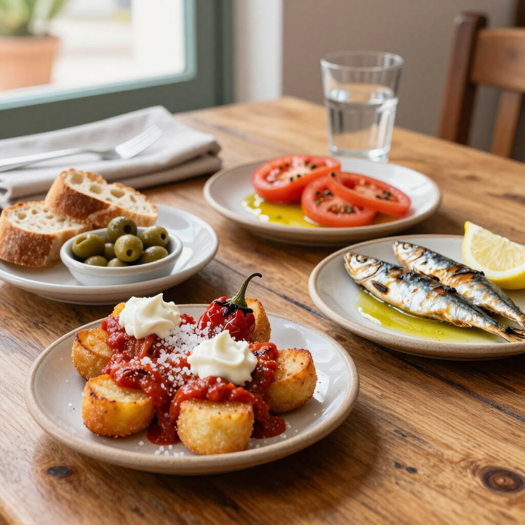 Selección de tapas en una mesa de madera con tomates, aceitunas, pescado a la parrilla y pan tostado