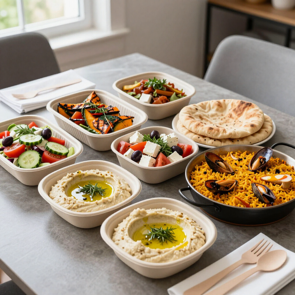 Varios platos mediterráneos en recipientes para llevar sobre una mesa, como ensalada, hummus, arroz y pan plano.