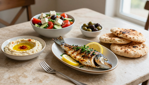 Comida mediterránea con hummus, ensalada, pescado a la parrilla, aceitunas y pan pita sobre una mesa
