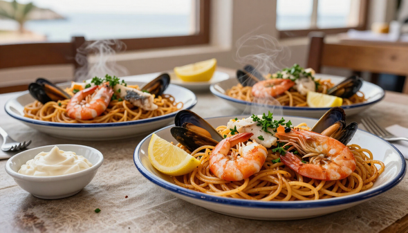 Tres platos de pasta con camarones y gajos de limón sobre una mesa, con cuencos de salsa en primer plano