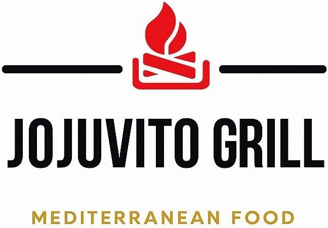 Logotipo de JoJuvito Grill con un icono de llama roja y el eslogan &laquo;Mediterranean Food&raquo; sobre fondo blanco