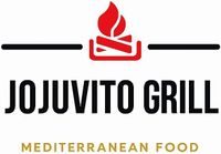 Logotipo de JoJuvito Grill con un icono de llama roja y el eslogan «Mediterranean Food» sobre fondo blanco