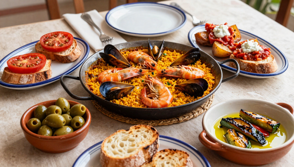Mesa repleta de comida, con una paellera en el centro, rodeada de pequeños platos de tapas, aceitunas, pan y tomates