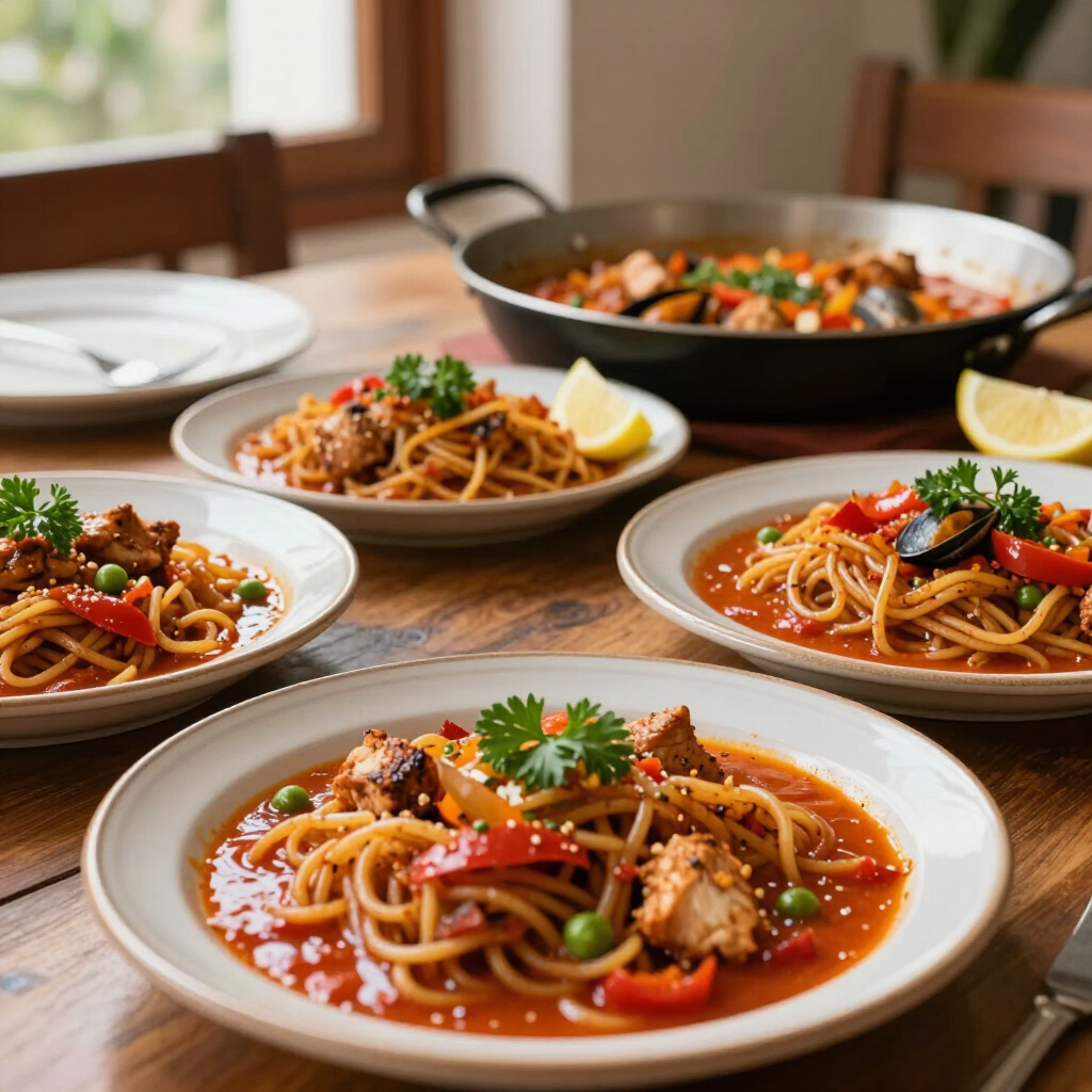 Platos de espaguetis con salsa de tomate roja sobre una mesa, con una sartén de verduras al fondo