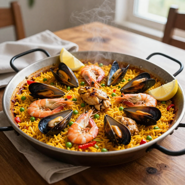 Paella de mariscos en una paellera grande, con mejillones, gambas y gajos de limón, sobre una mesa de madera