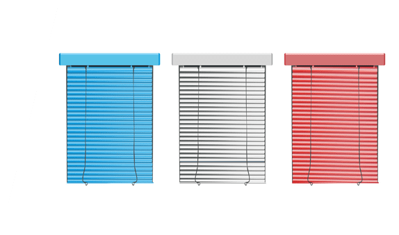 Un conjunto de tres persianas de diferentes colores sobre un fondo blanco.