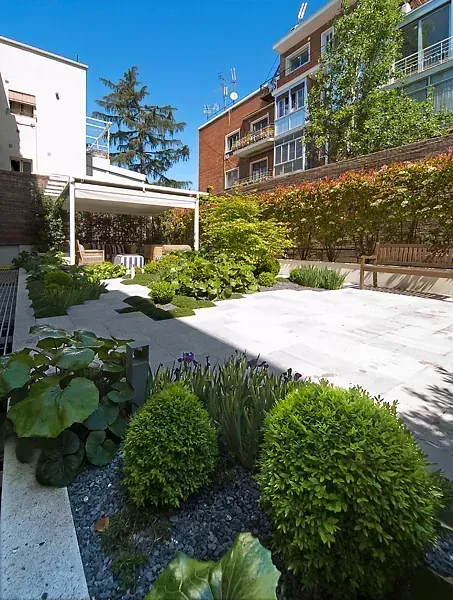 Un jardín con muchas plantas y árboles frente a un edificio.