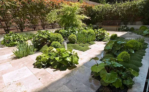 Un exuberante jardín verde con muchas plantas y árboles.