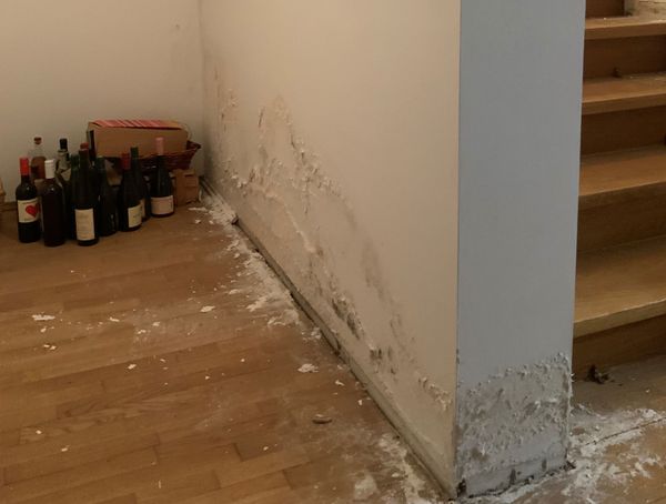 Unordentlicher Treppenabsatz mit Weinflaschen, verstreutem Unrat und Schimmelflecken an Wand und Boden.