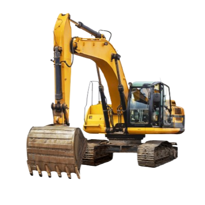 Chargeuse-pelleteuse jaune avec godet avant et bras d'excavation arrière sur fond blanc