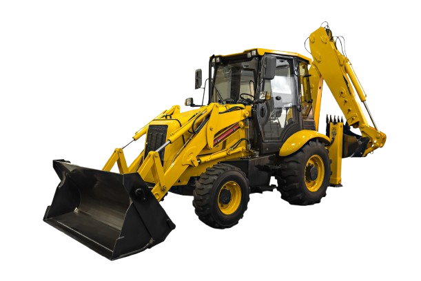 Chargeuse-pelleteuse jaune avec godet avant et bras d'excavation arrière sur fond blanc