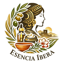 Logotipo de "Esencia Íbera" que presenta una rama de olivo, productos para el cuidado de la piel, la silueta de un castillo.