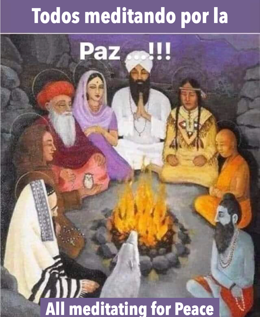 Un grupo de personas sentadas alrededor de un fuego con las palabras