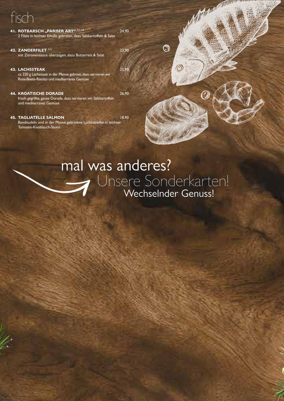 Holzhintergrund mit Fisch- und Muschelzeichnungen, Text: „Mal was anderes? Unsere Spezialitäten Weinliebhaber Genießer!“