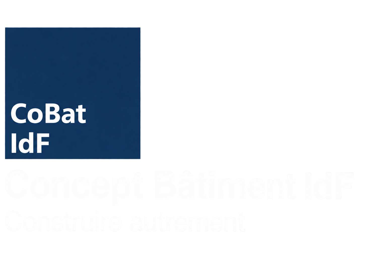 Logo CoBat IdF avec un carré bleu et le texte « Concept Bâtiment IdF » et « Construire autrement »