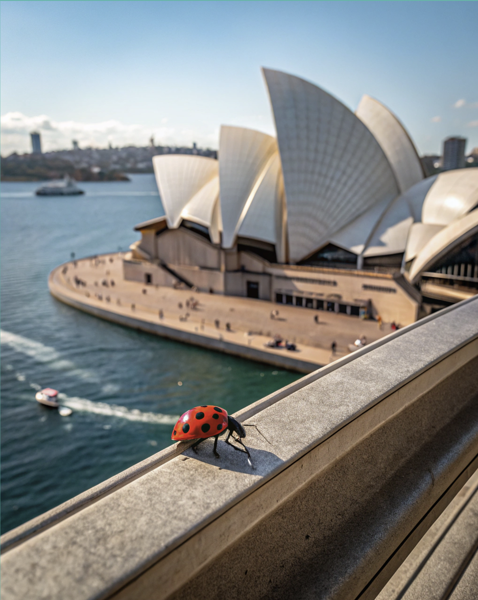 A ladybug sits on a railing in front of the opera house