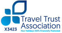 The travel trust association logo is blue and white and says `` your holidays 100 % financially protected ''.