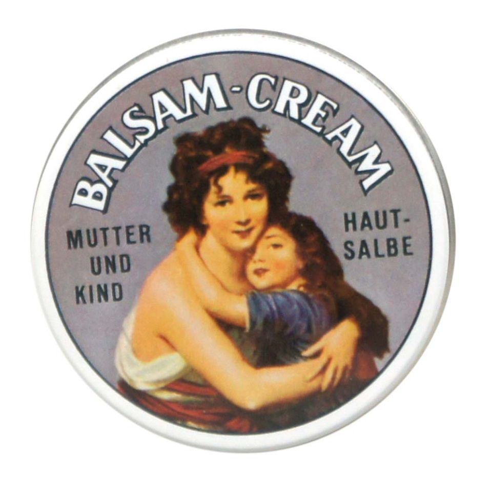 Dose Balsamcreme mit Abbildung einer Mutter, die ein Kind umarmt, deutscher Text, Vintage-Stil.