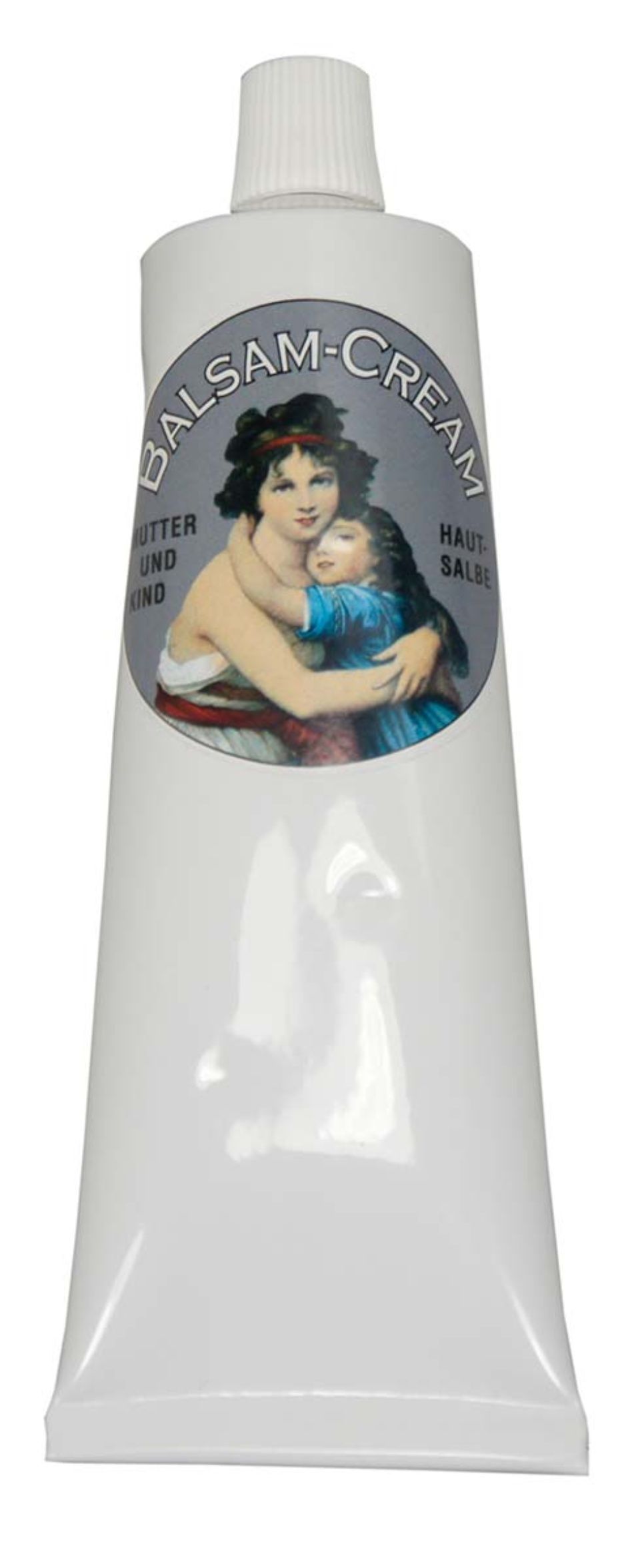 Tube Balsamcreme mit einem Etikett, das eine Frau und ein Kind zeigt.