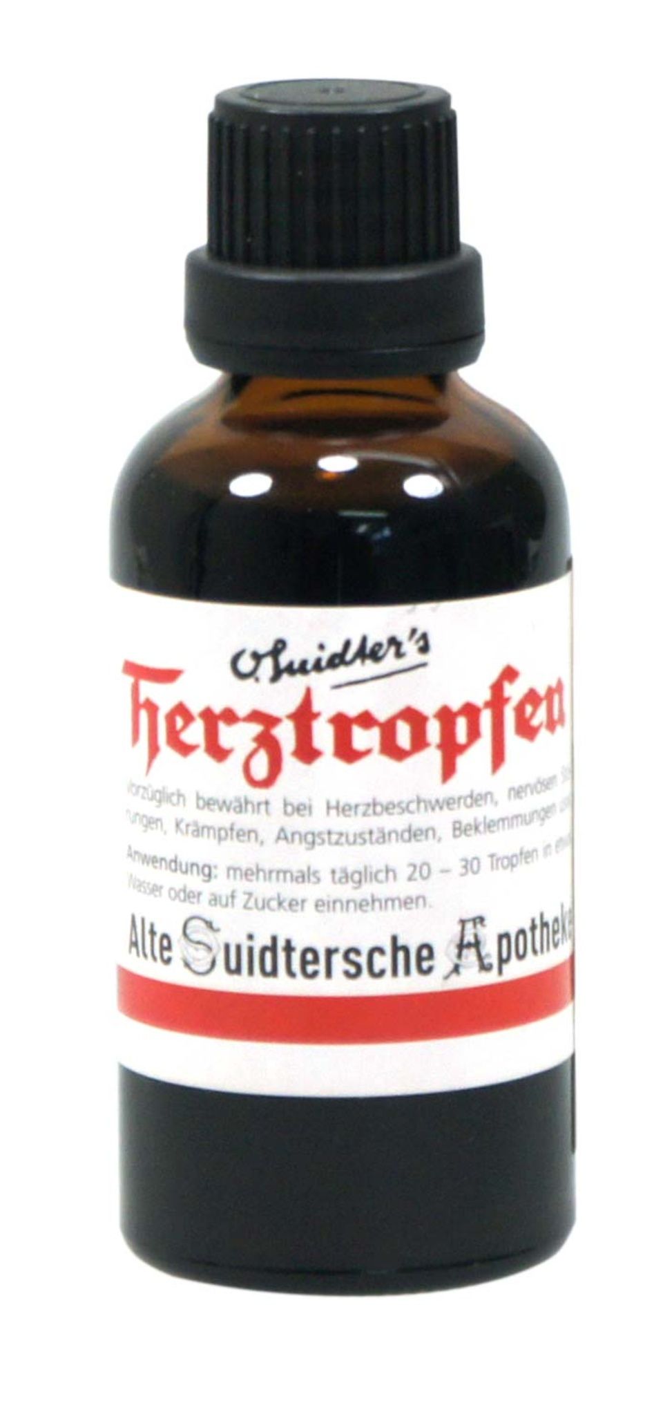 Eine braune Glasflasche mit schwarzem Deckel und der Aufschrift „Herztropfen“ in roter Schrift.