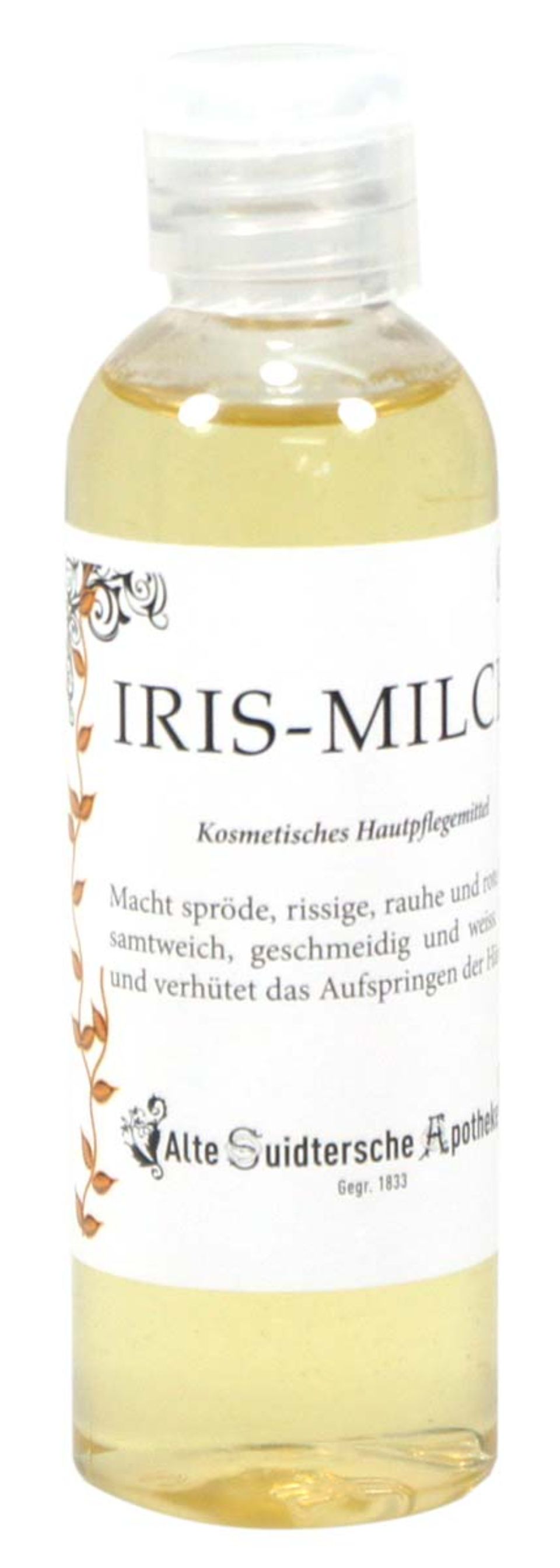 Eine Flasche des Kosmetikprodukts Iris-Milch mit weissem Etikett und braunen Akzenten.