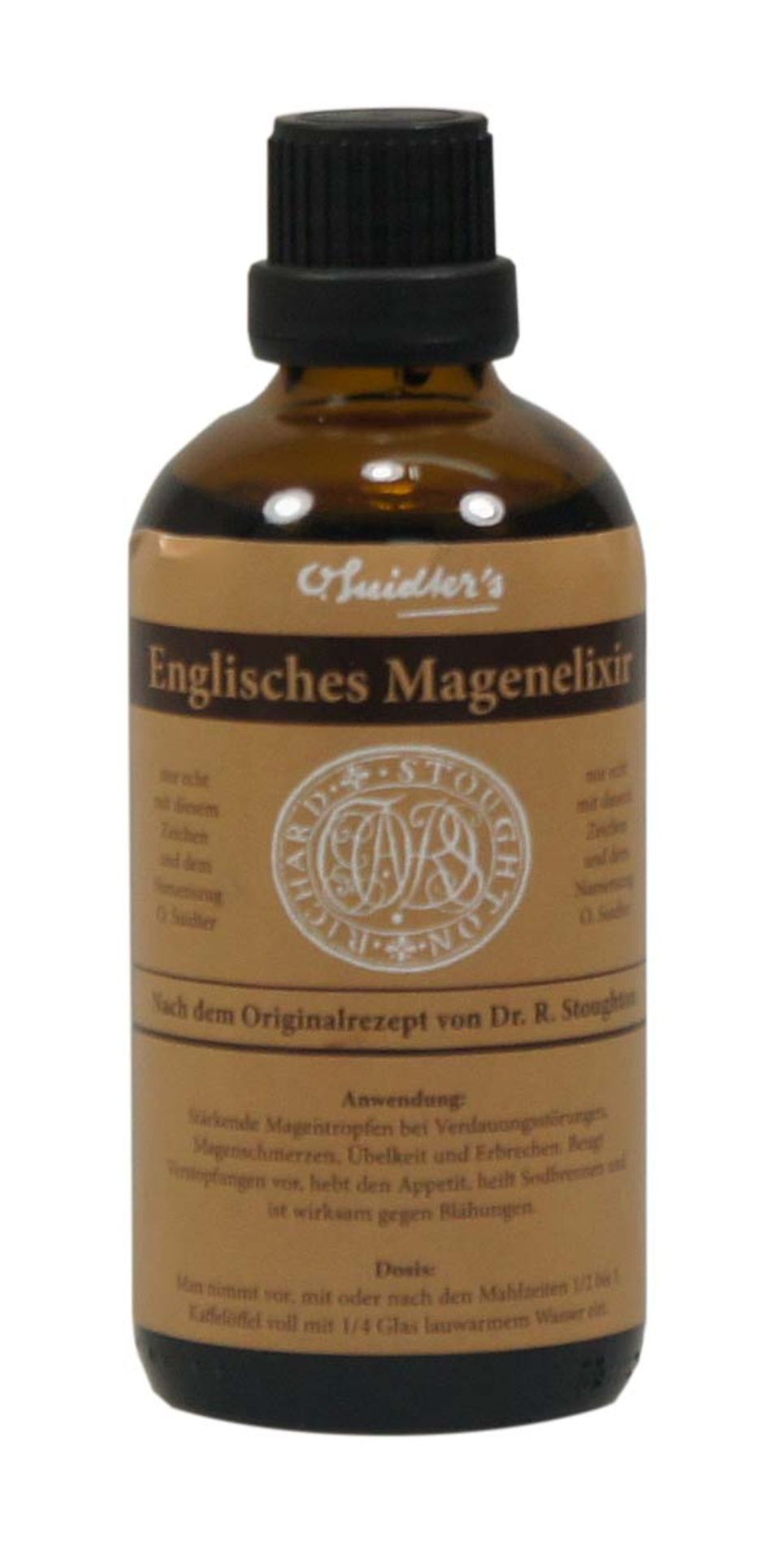 Braune Flasche „Englisches Magenelixir“ mit Etiketttext und schwarzem Verschluss.